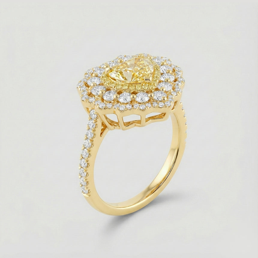 Vintage Yellow Diamond engagement ring side view vintage inspired design in 18K yellow gold | SARATTI