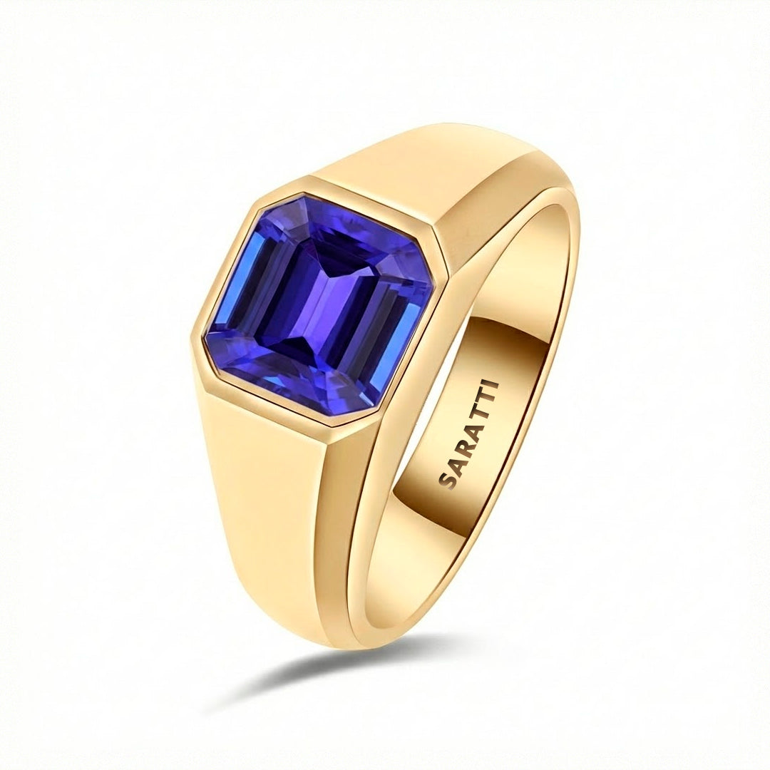 Mens tanzanite ring luxury statement ring in 18K yellow gold | SARATTI