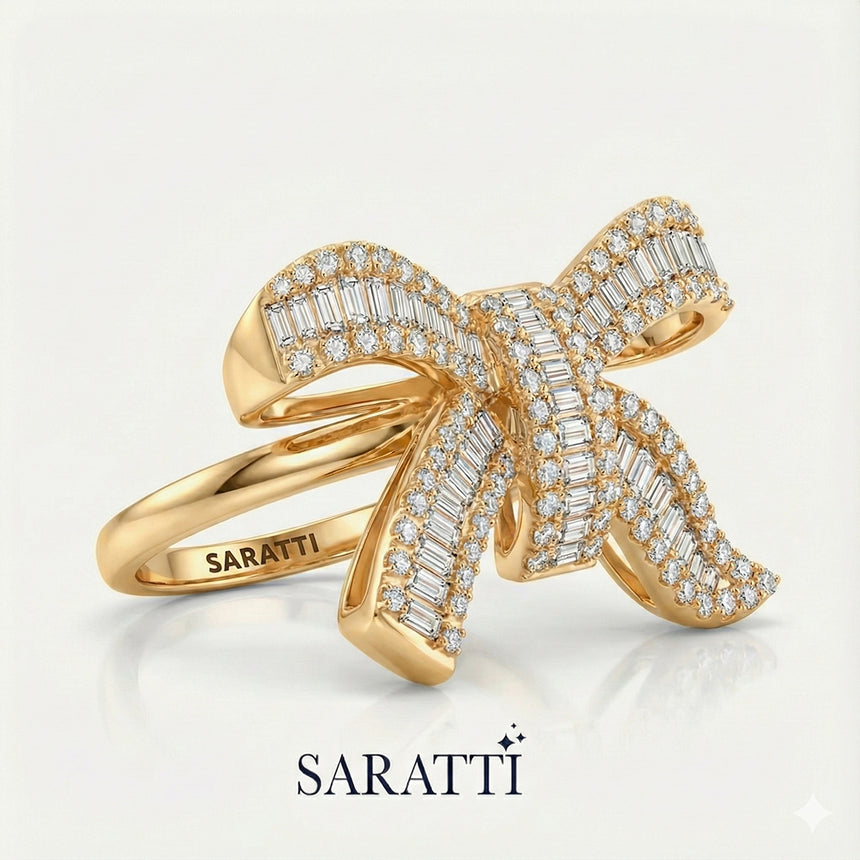 18K yellow gold for angled baguette diamond engagment ring on grey background | SARATTI