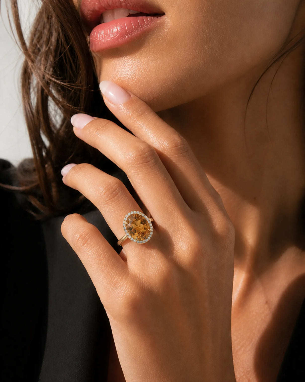 Oval Imperial Topaz halo ring with diamond setting yellow gold | SARATTI