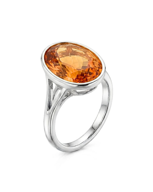 Oval Imperial Topaz split shank bezel setting ring in white gold | SARATTI