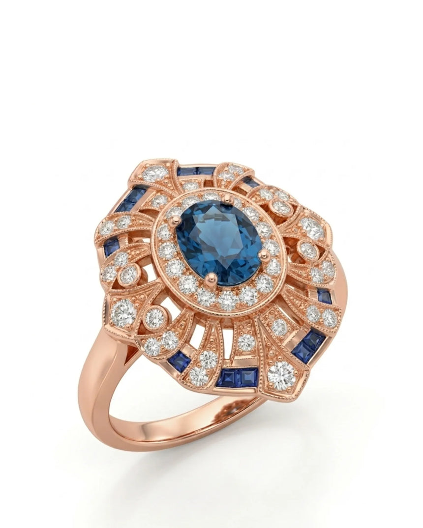 Oval London Blue topaz ring with diamond halo and geometric blue accents in 18K rose gold | SARATTI