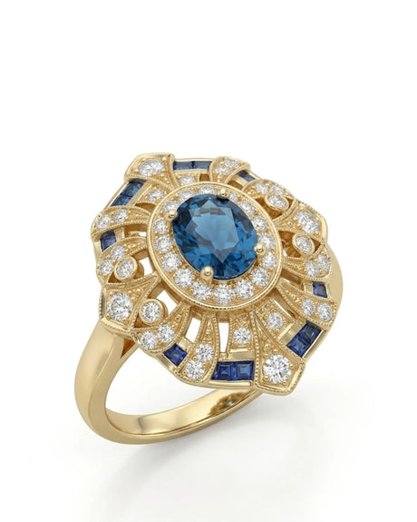 Oval London Blue topaz ring with diamond halo and geometric blue accents in 18K yellow gold | SARATTI