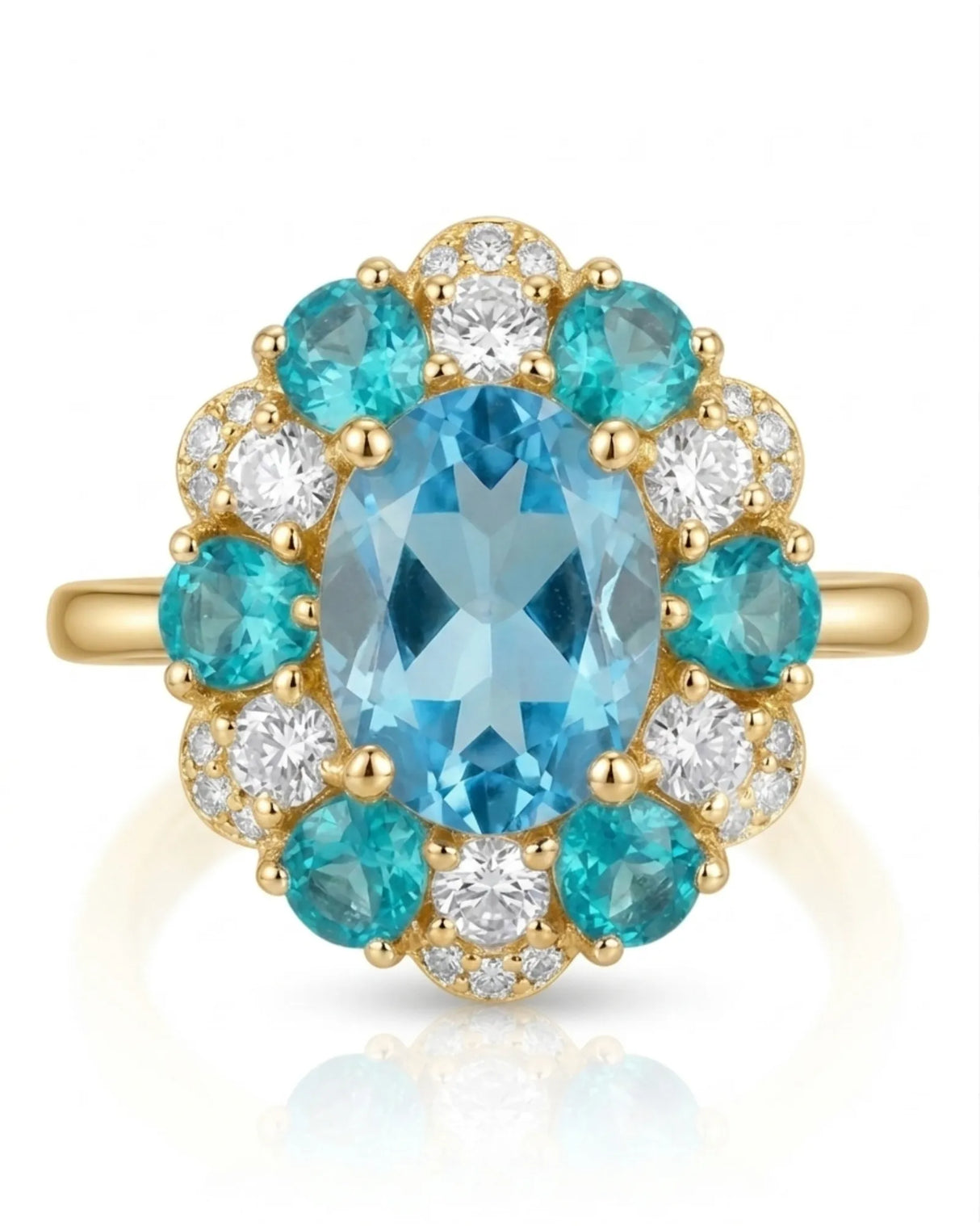 Oval Swiss Blue topaz ring framed by teal apatites and round diamonds in 18K yellow gold | SARATTI