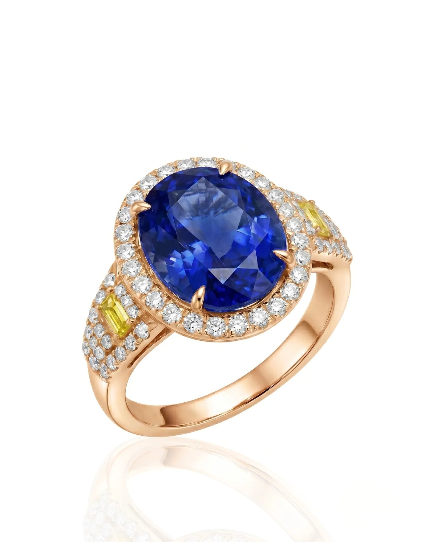 Oval blue sapphire and diamond heirloom ring with yellow accents in 18K rose gold | SARATTI