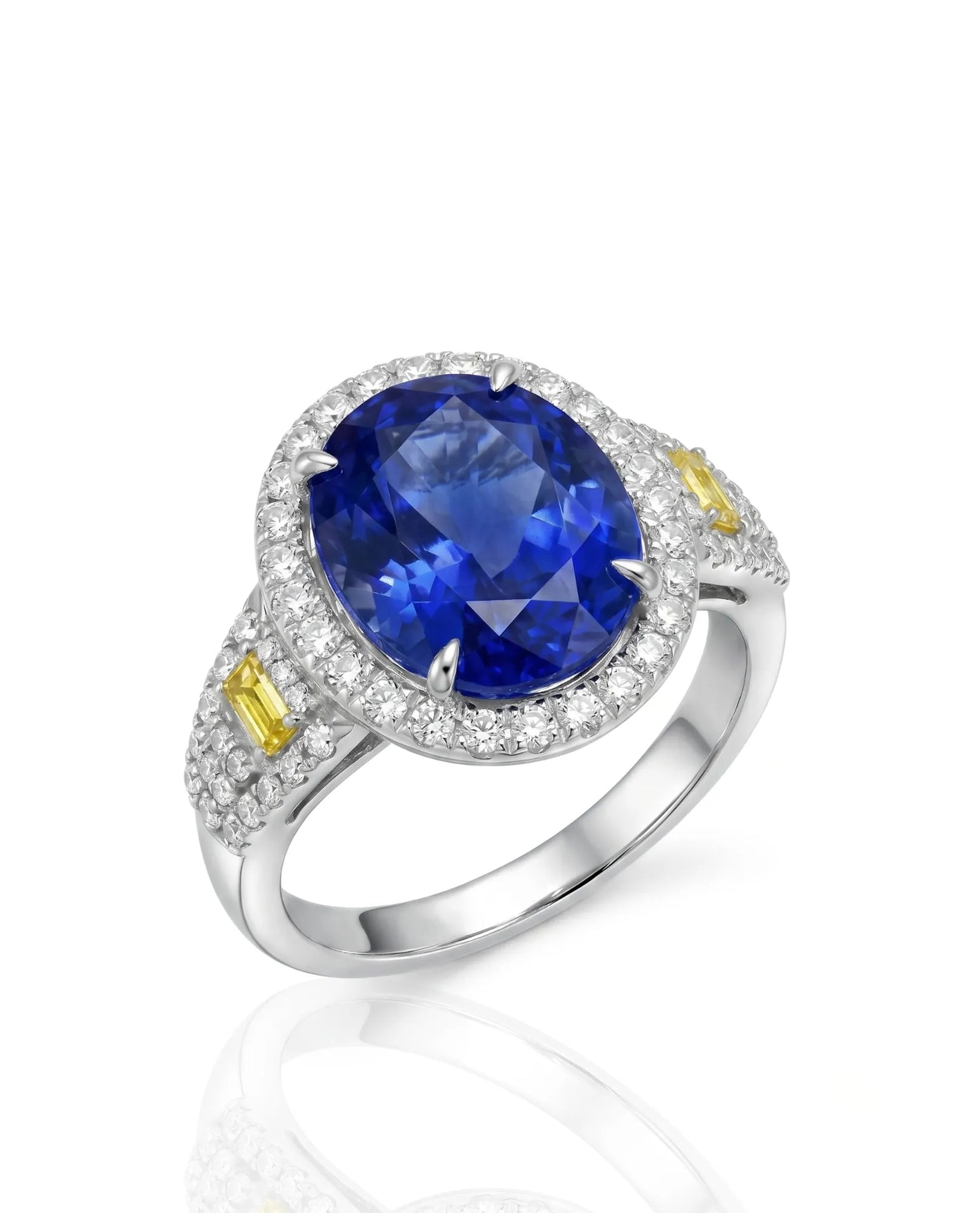 Oval blue sapphire and diamond heirloom ring with yellow accents in platinum | SARATTI