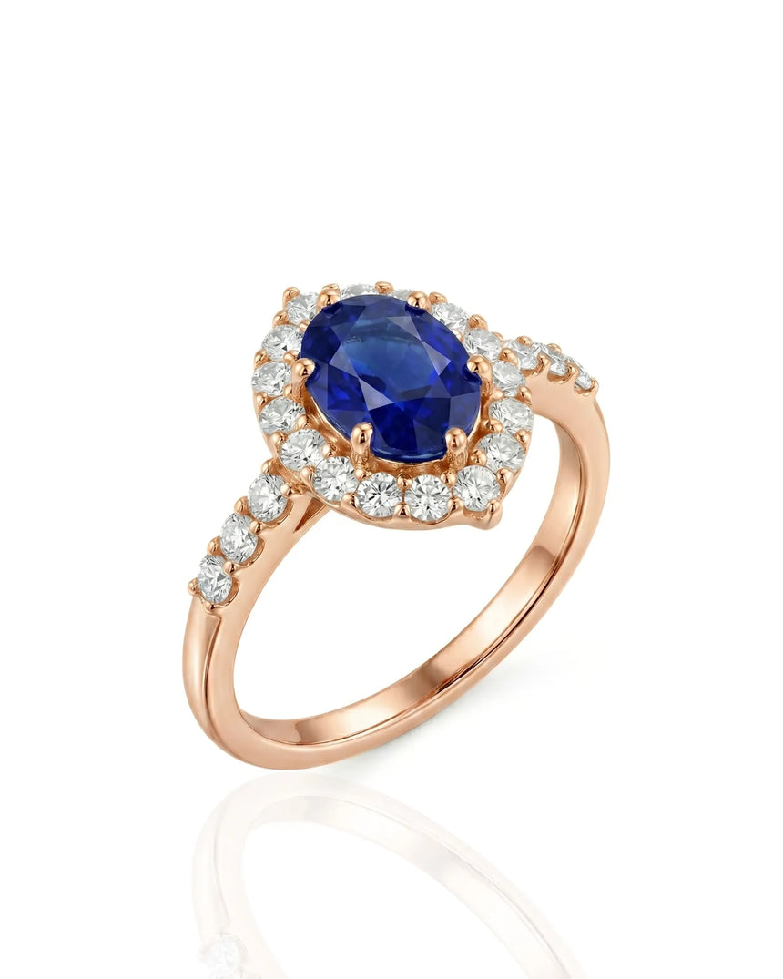 Oval blue sapphire halo ring with natural diamonds in 18K rose gold | SARATTI