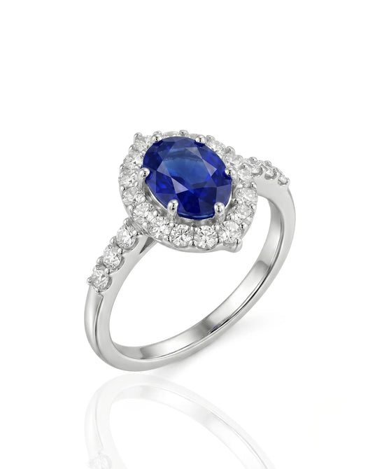 Oval blue sapphire halo ring with natural diamonds in 18K white gold | SARATTI