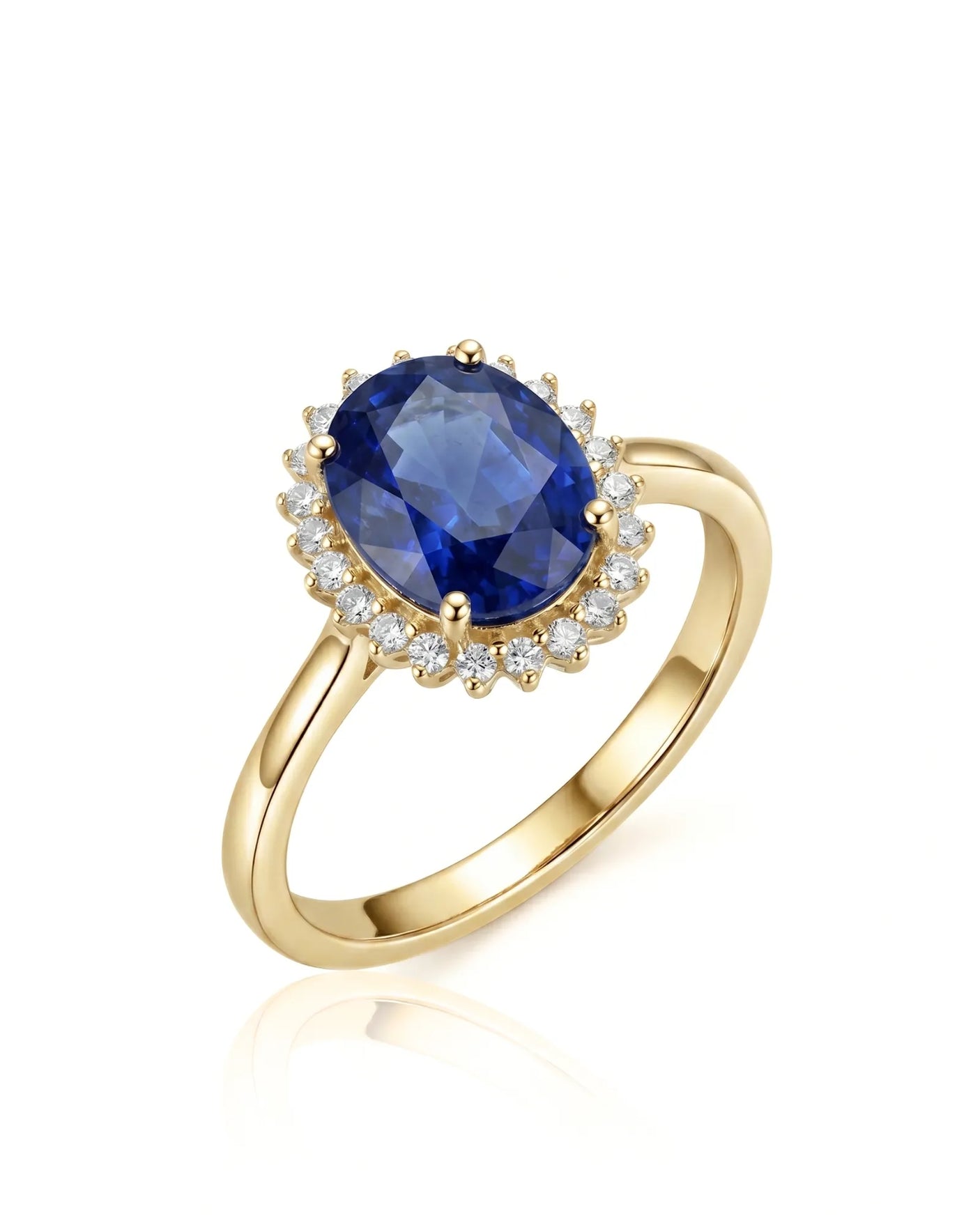 Oval blue sapphire promise ring with sunburst diamond halo in 18K yellow gold | SARATTI