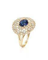 Oval blue sapphire ring with antique filigree diamond accents in 18K yellow gold | SARATTI