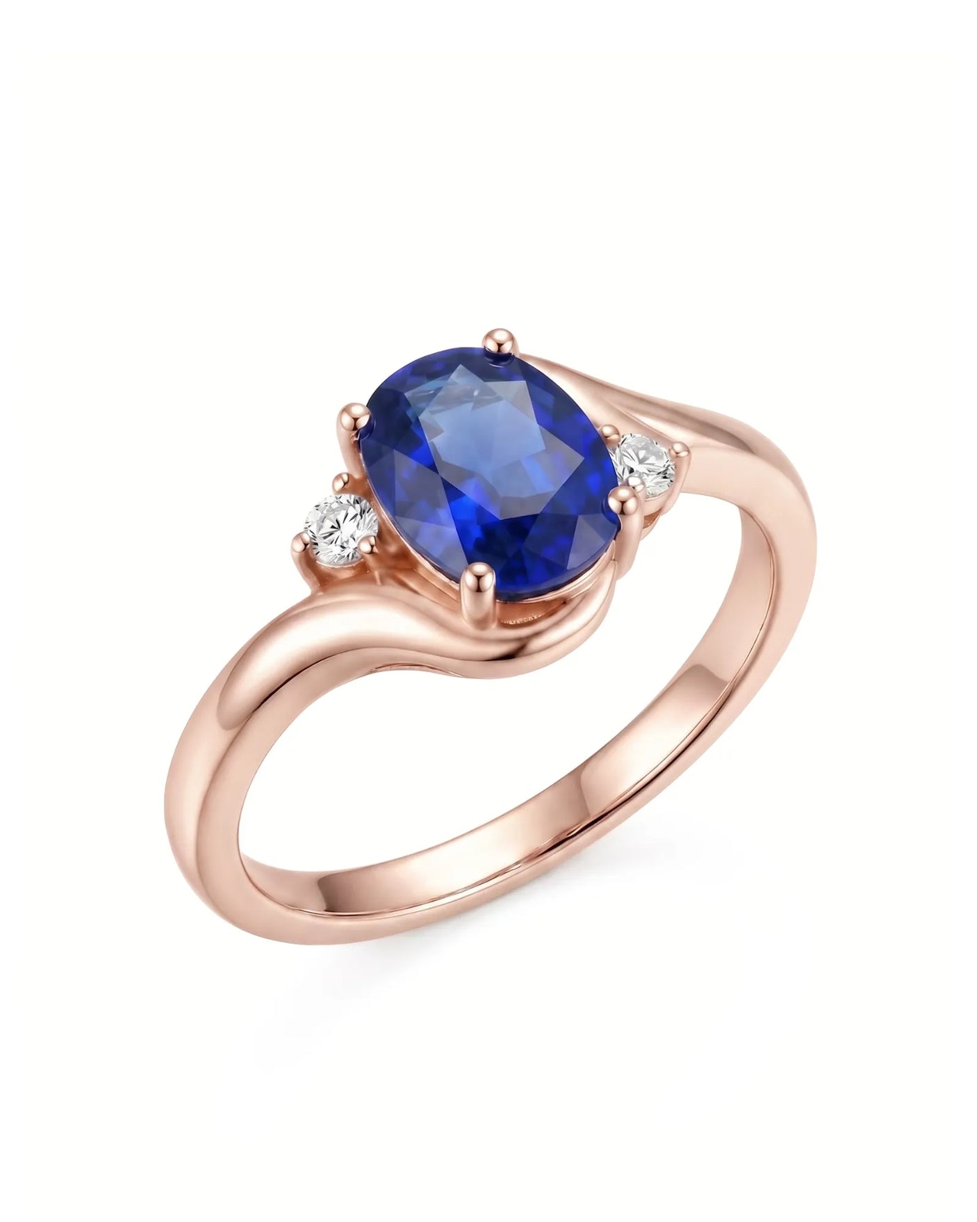 Oval blue sapphire ring with twisted shank and round diamonds in 18K rose gold | SARATTI