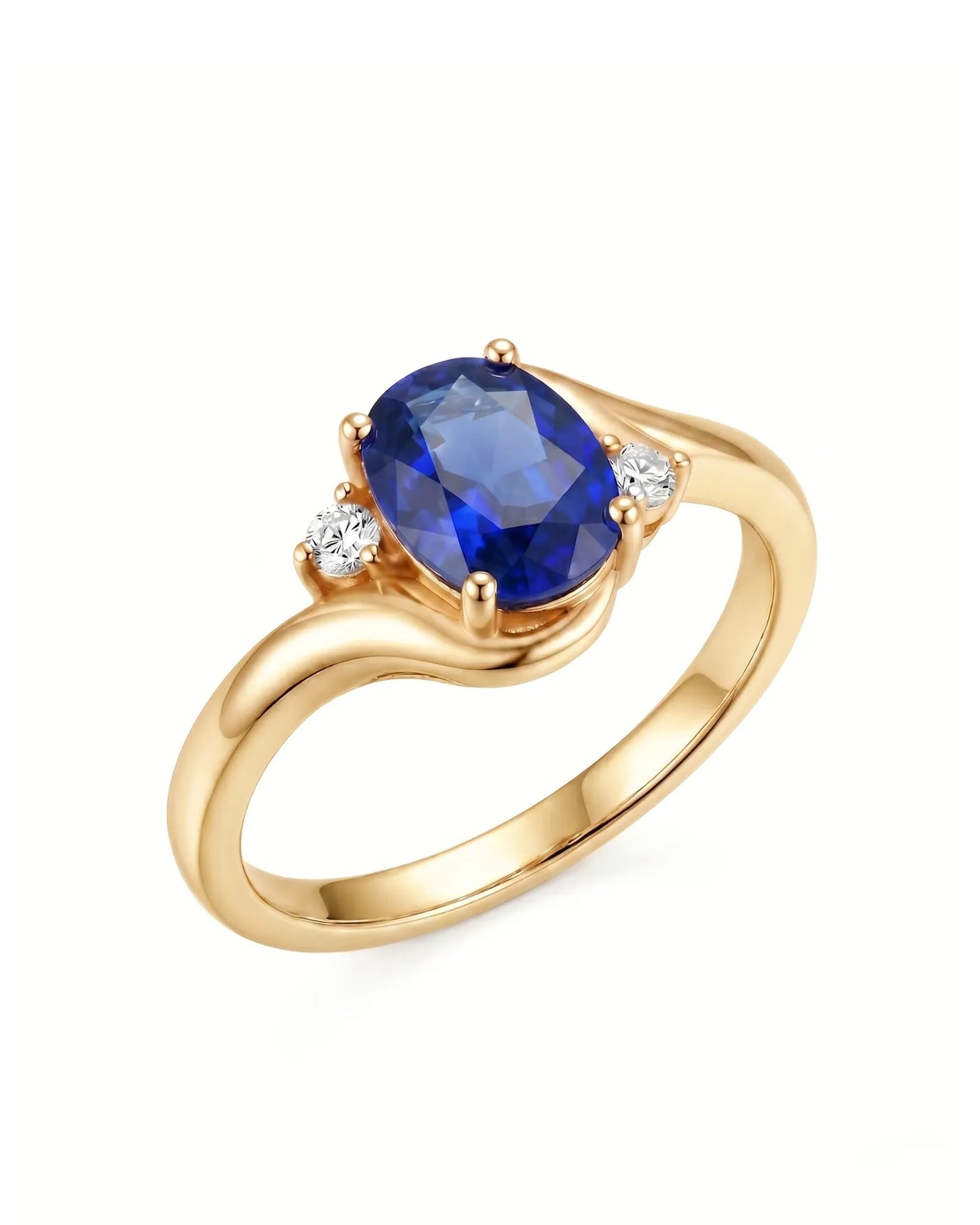Oval blue sapphire ring with twisted shank and round diamonds in 18K yellow gold | SARATTI