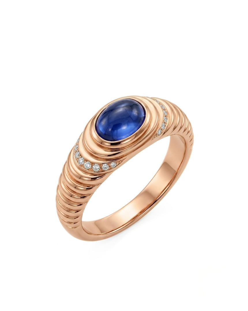 Oval cabochon blue sapphire ring with round diamond accents in 18K rose gold | SARATTI