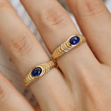 Oval cabochon blue sapphire ring with round diamond accents in 18K yellow gold - SARATTI
