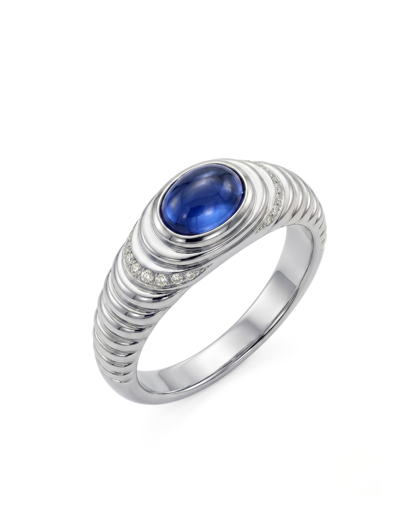 Oval cabochon blue sapphire ring with round diamond accents in polished platinum | SARATTI