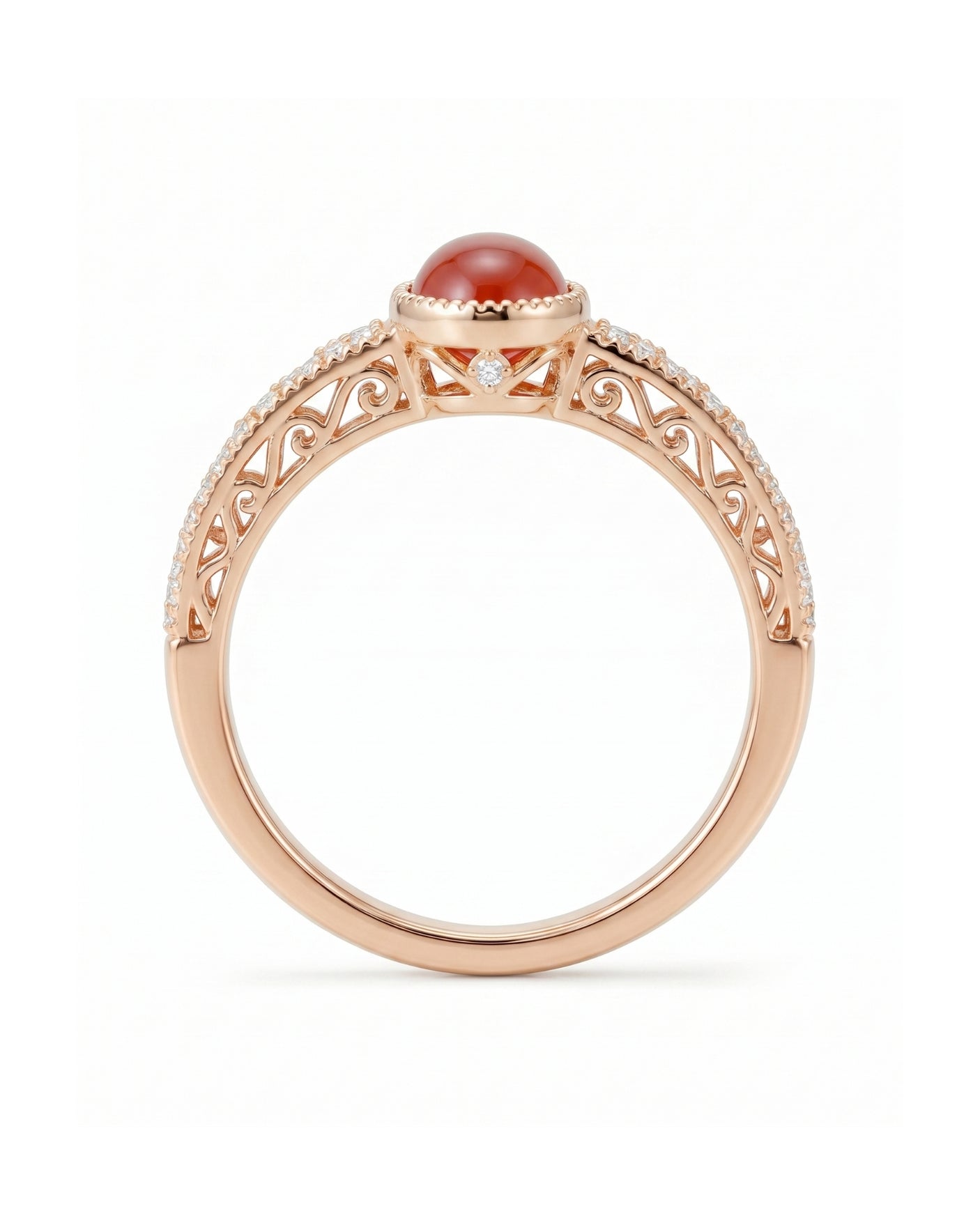 Oval cabochon natural ruby ring with diamond band detailing in 18K Rose Gold - SARATTI