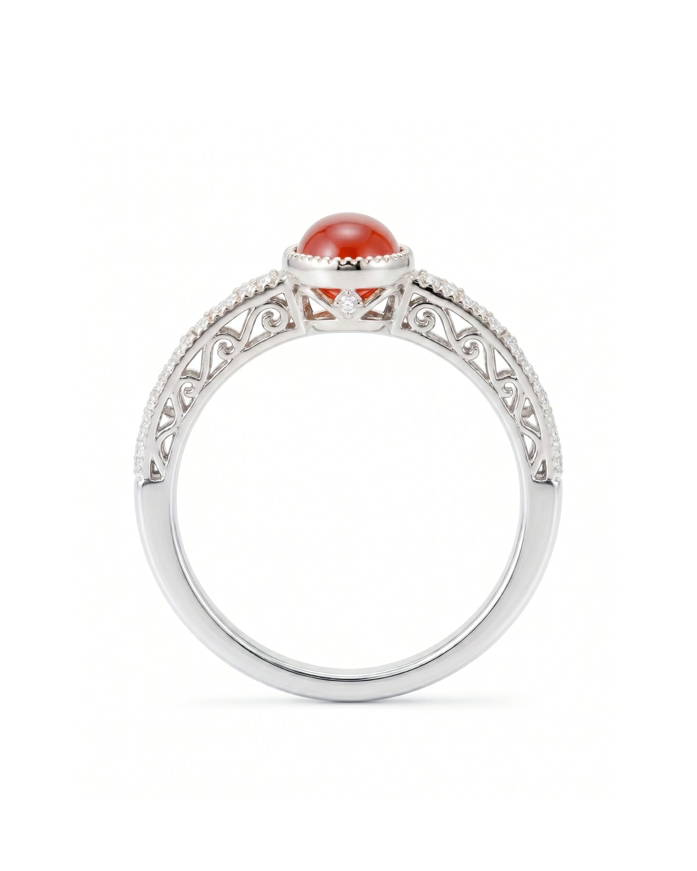Oval cabochon natural ruby ring with diamond band detailing in 18K White Gold | SARATTI