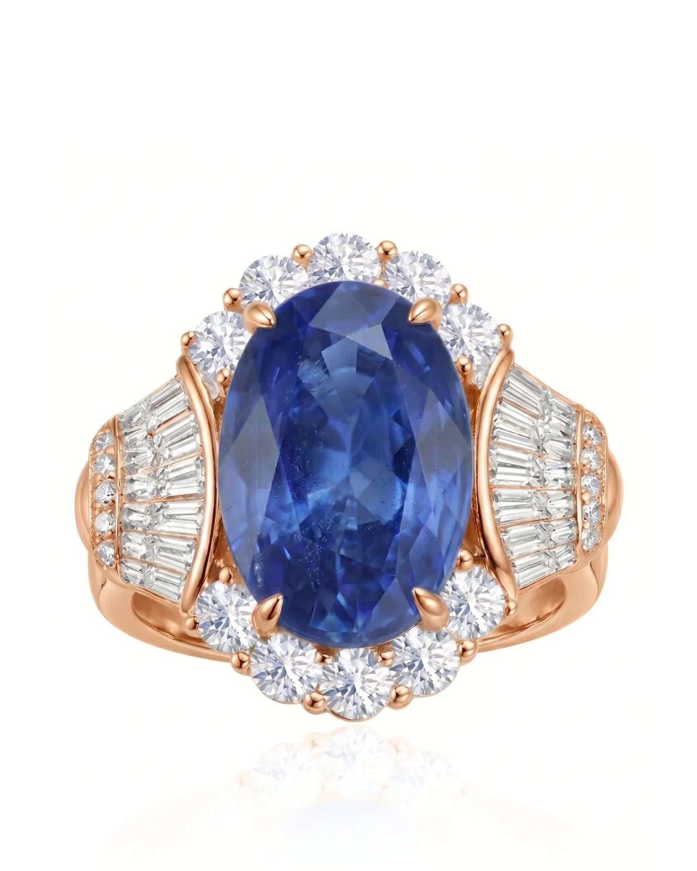 Oval cornflower blue sapphire ring with brilliant diamond halo in 18K rose gold | SARATTI