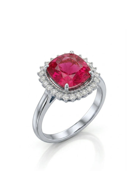 Oval crimson tourmaline ring with diamond halo in 18K white gold | SARATTI