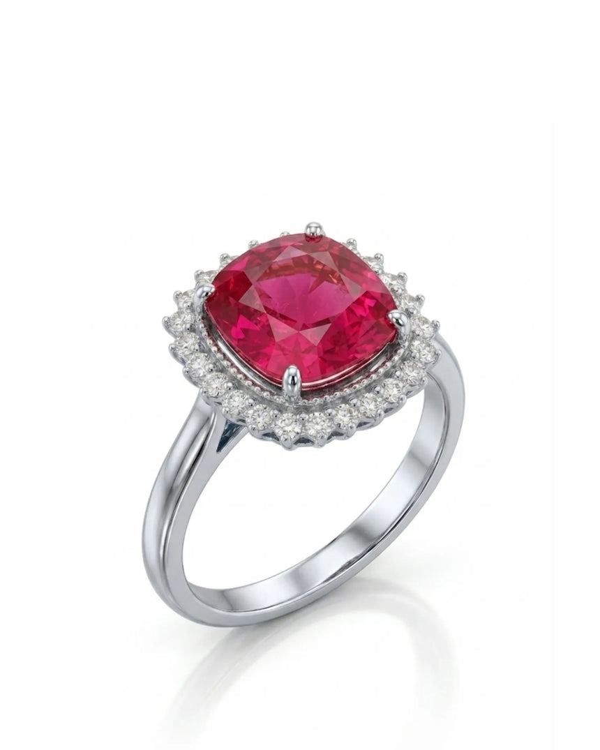 Oval crimson tourmaline ring with diamond halo in 18K white gold | SARATTI