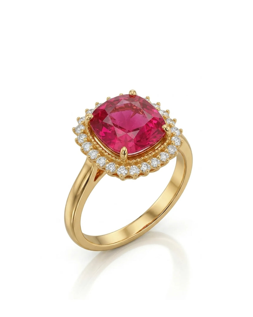 Oval crimson tourmaline ring with diamond halo in 18K yellow gold | SARATTI