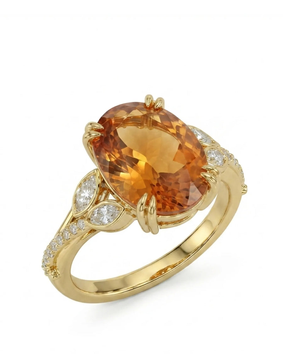Oval cut Natural Imperial Topaz diamond leaf setting in 18K yellow gold | SARATTI