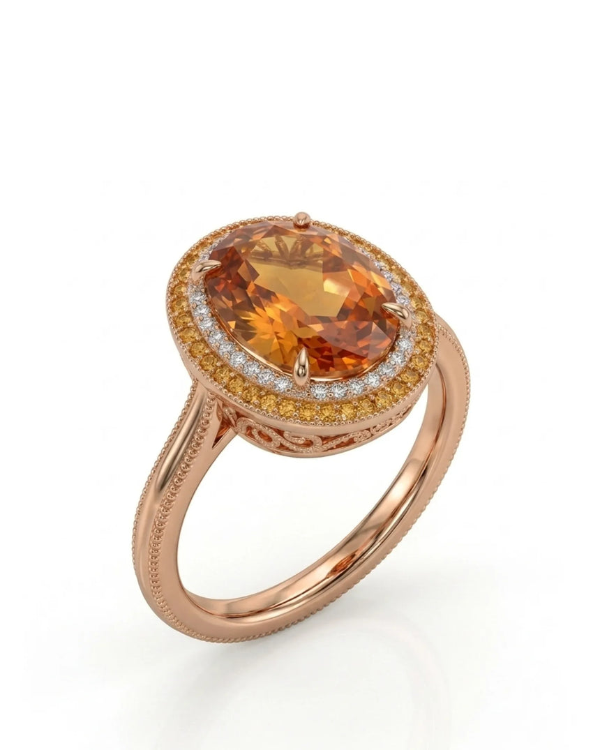 Oval cut Natural Imperial Topaz double halo setting in 18K rose gold | SARATTI