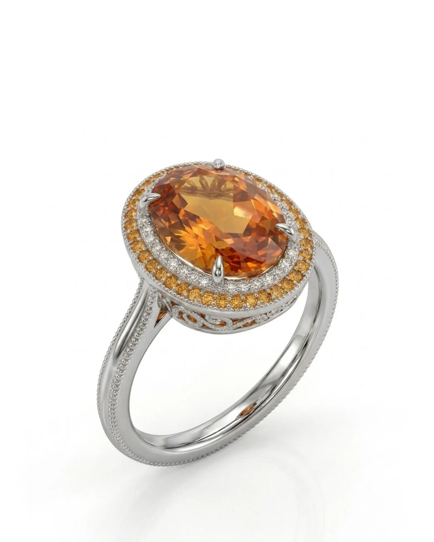 Oval cut Natural Imperial Topaz double halo setting in 18K white gold | SARATTI