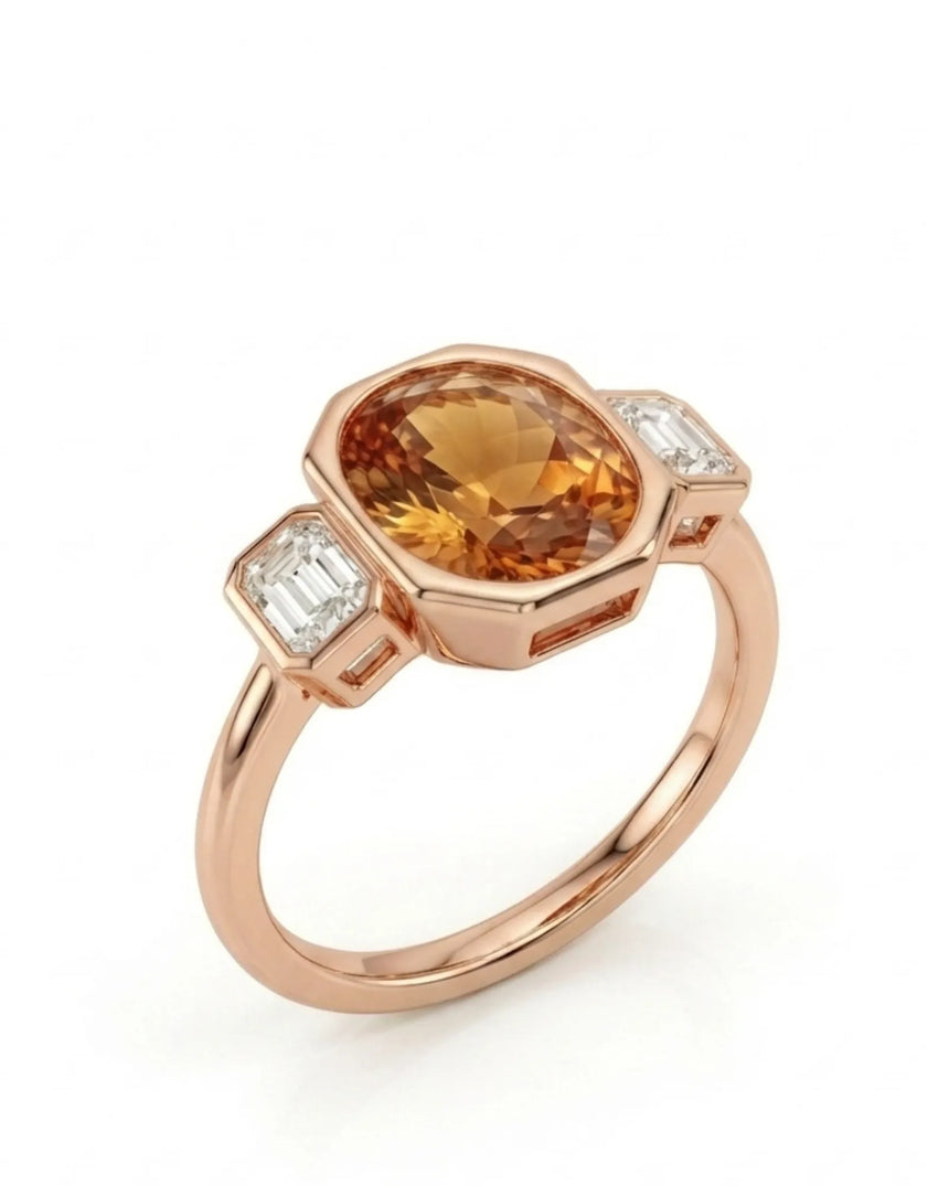 Oval cut Natural Imperial Topaz three-stone bezel setting in 18K rose gold | SARATTI