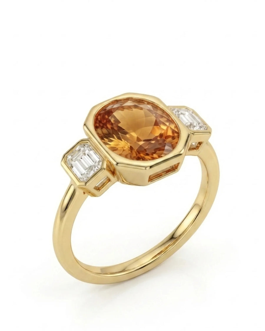 Oval cut Natural Imperial Topaz three-stone bezel setting in 18K yellow gold | SARATTI