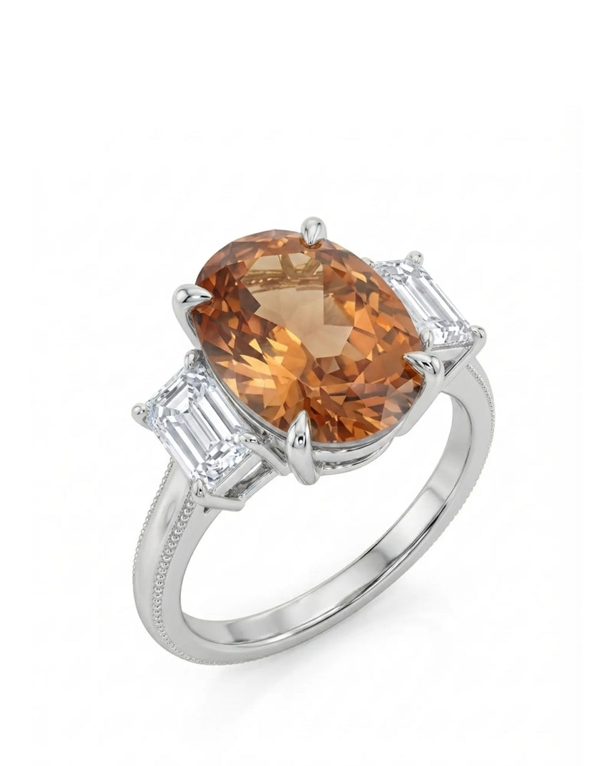 Oval cut Natural Imperial Topaz three-stone setting in platinum | SARATTI