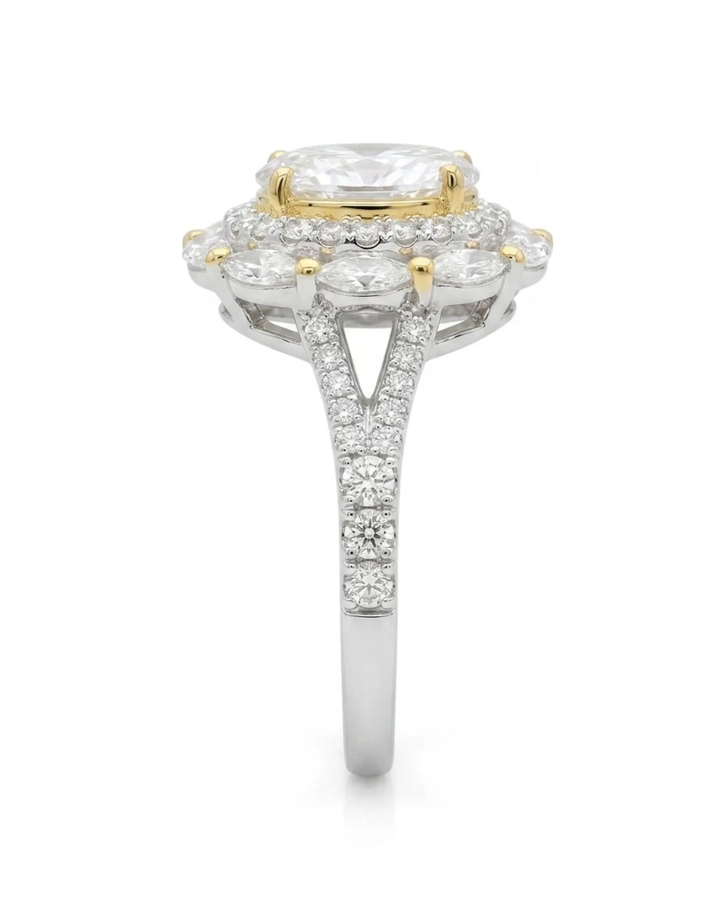 Oval halo moissanite engagement ring for a romantic proposal in polished two tone | SARATTI