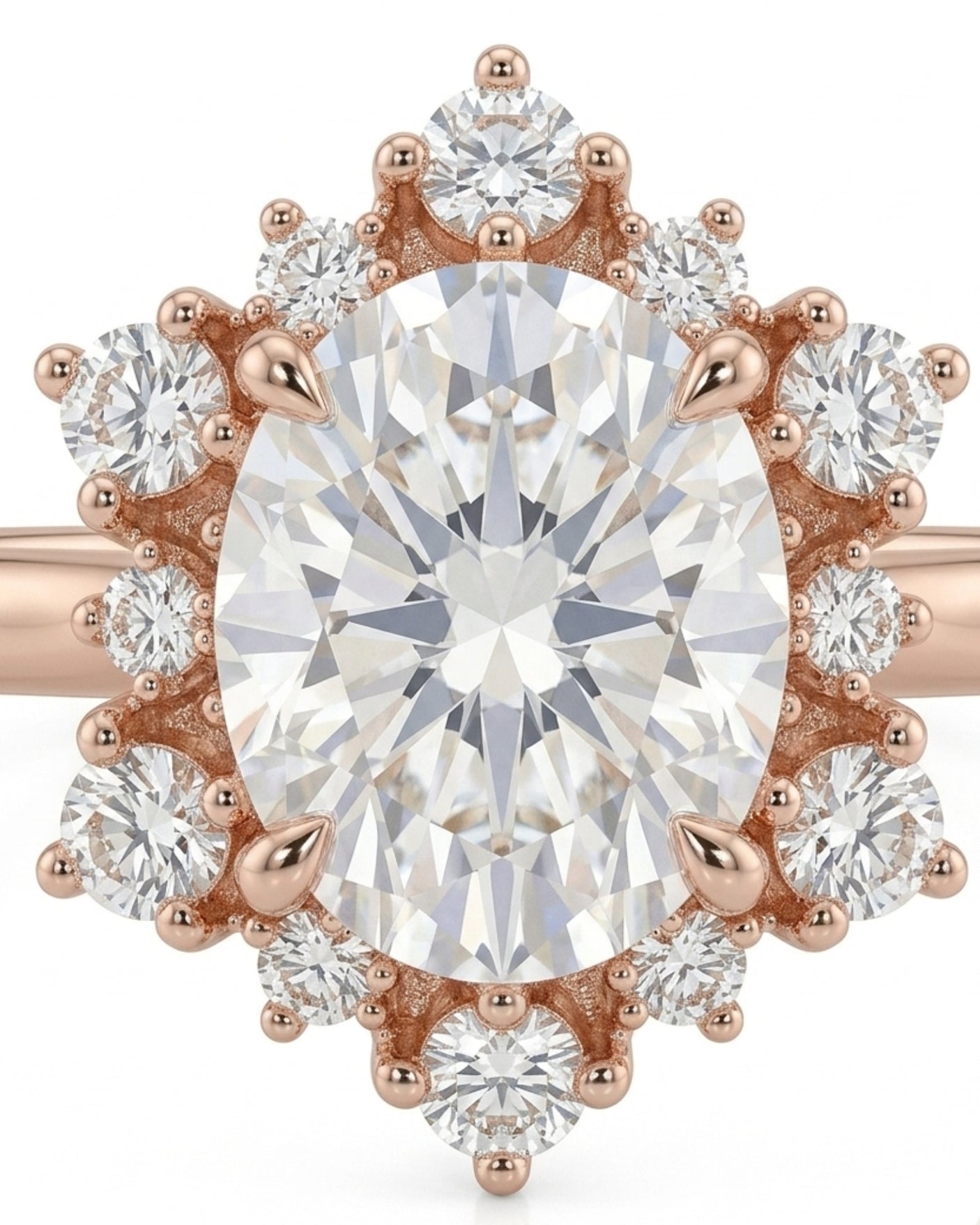 Oval halo moissanite engagement ring for a soft romantic proposal in 18K rose gold | SARATTI