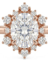 Oval halo moissanite engagement ring for a soft romantic proposal in 18K rose gold | SARATTI