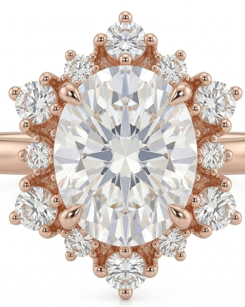 Oval halo moissanite engagement ring for a soft romantic proposal in 18K rose gold | SARATTI