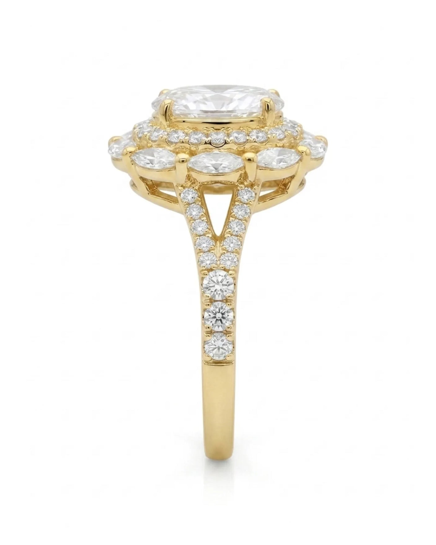 Oval halo moissanite engagement ring for a warm romantic proposal in yellow gold | SARATTI
