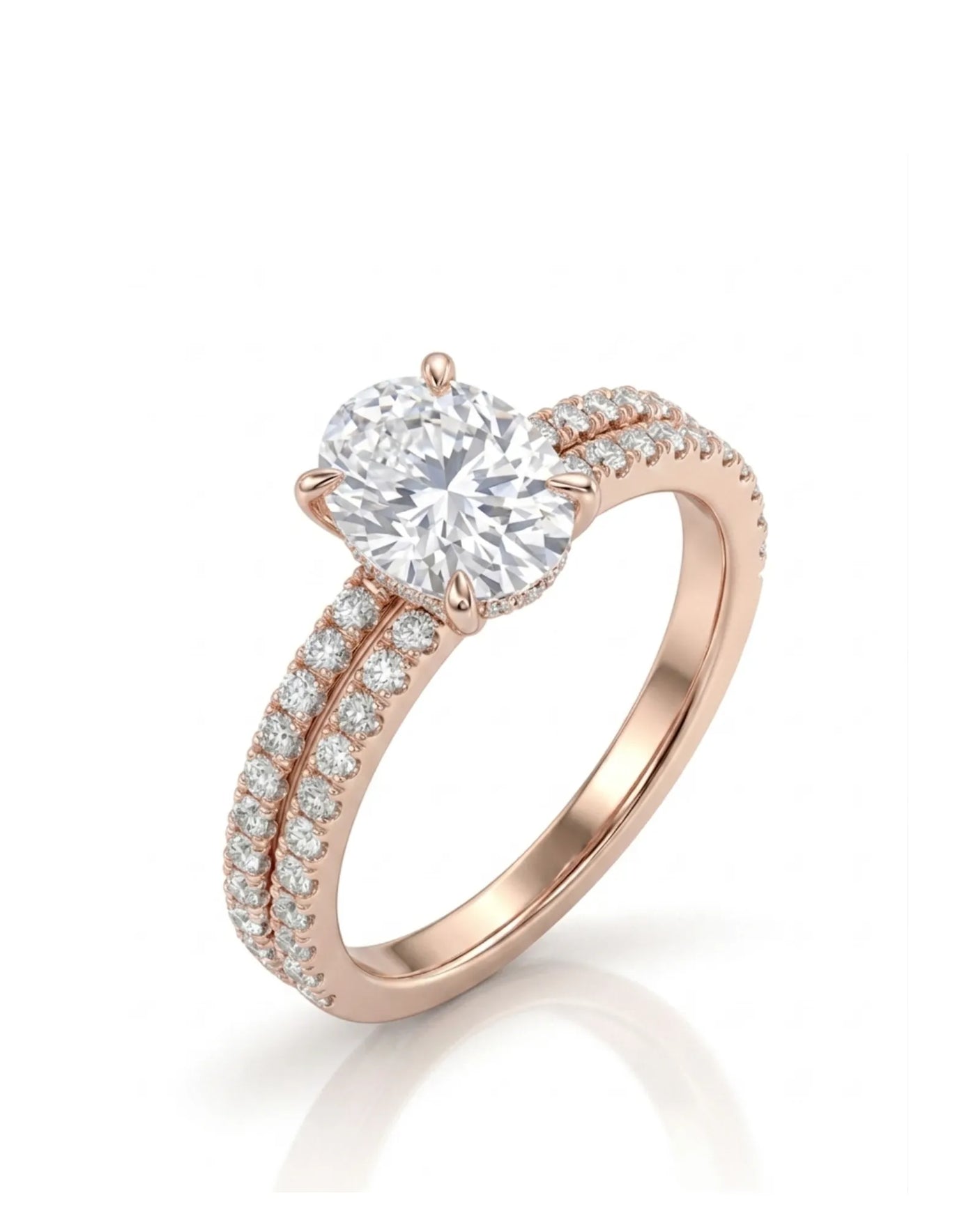 Oval moissanite bridal set with hidden halo, pavé engagement ring, and matching 18K rose gold wedding band | SARATTI