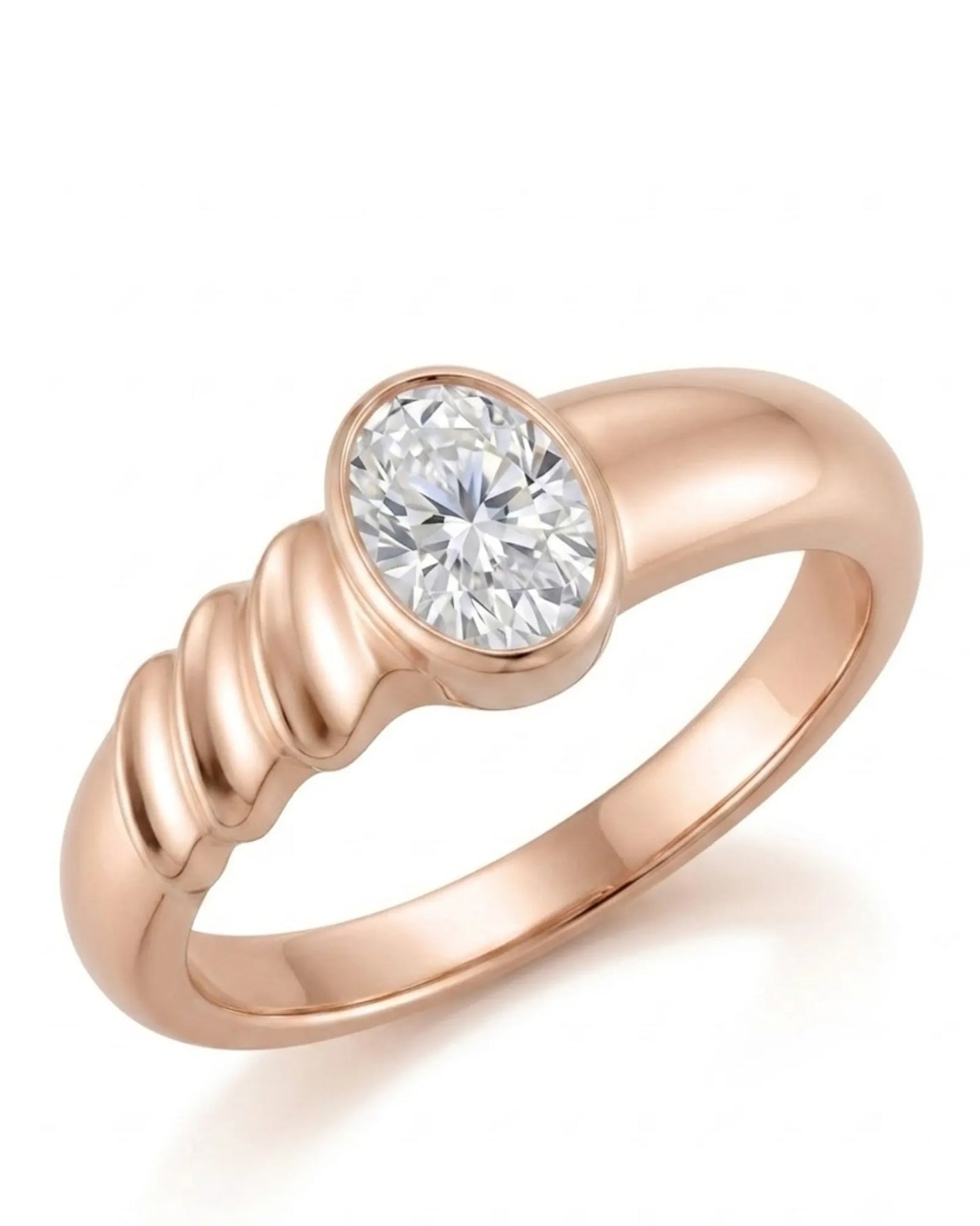 Oval moissanite engagement ring with bezel setting and sculpted wave band in 18K rose gold | SARATTI