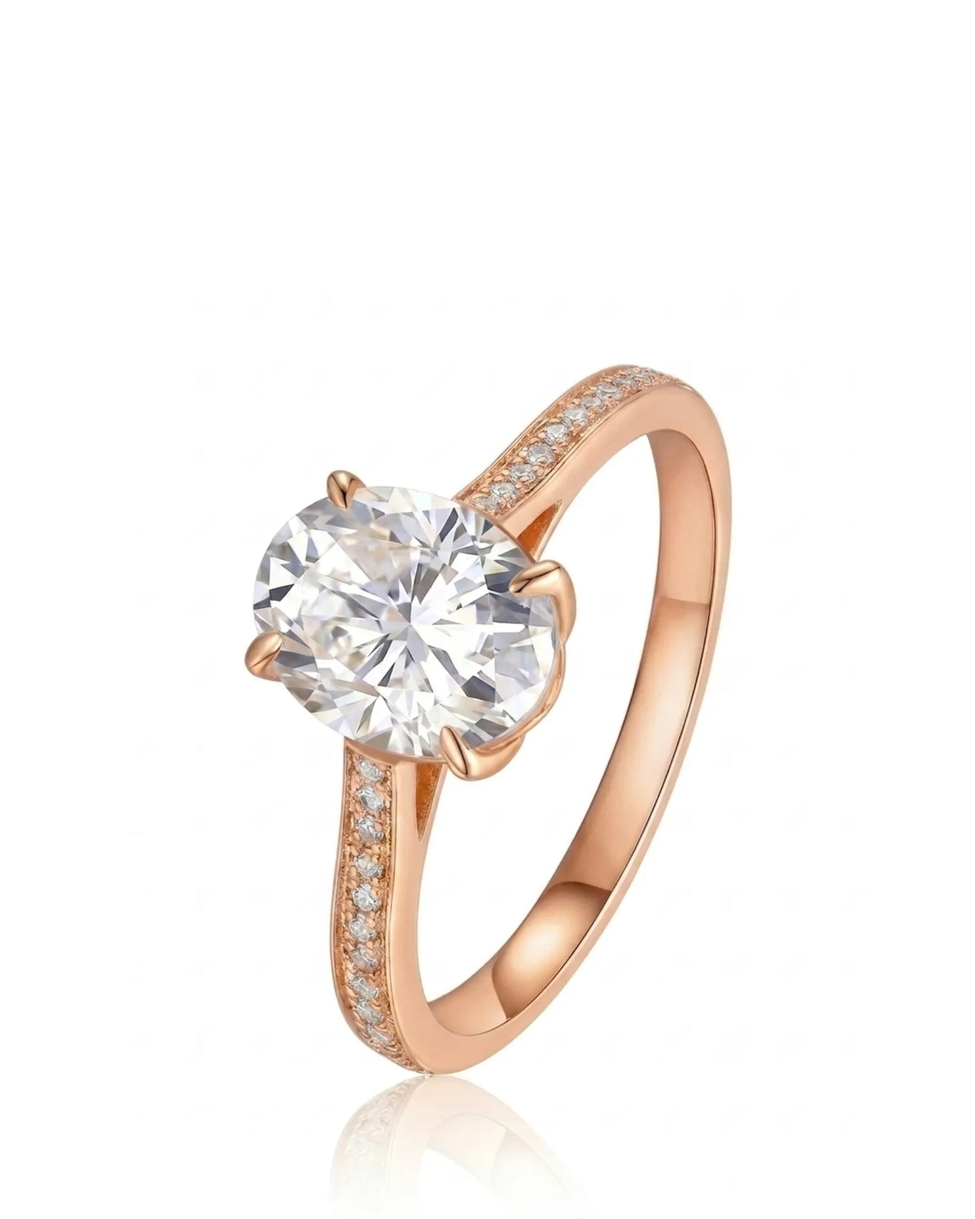 Oval moissanite engagement ring with pavé round side stones in 18K rose gold | SARATTI