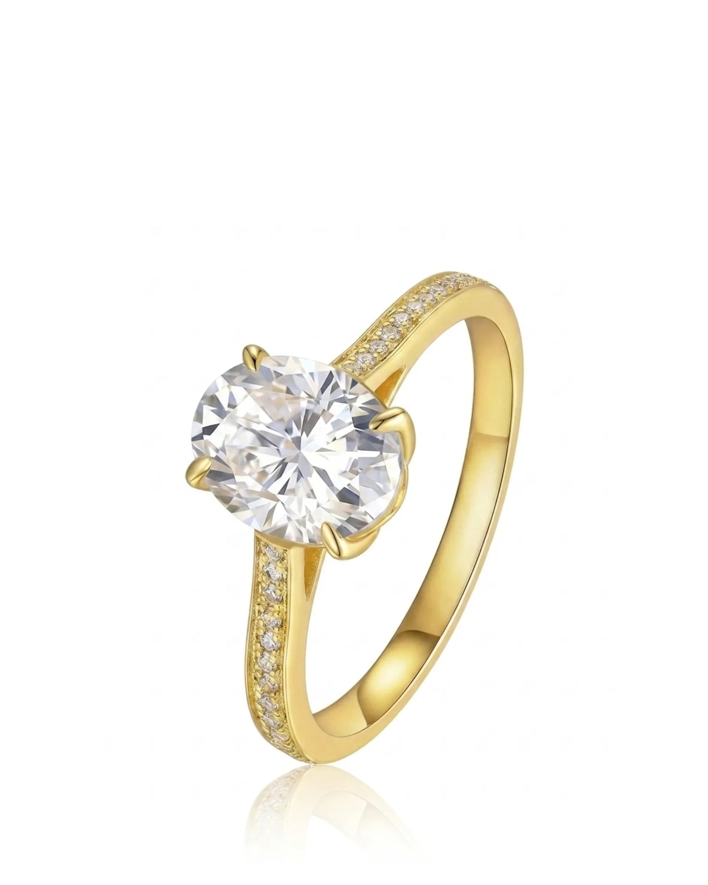 Oval moissanite engagement ring with pavé round side stones in 18K yellow gold | SARATTI