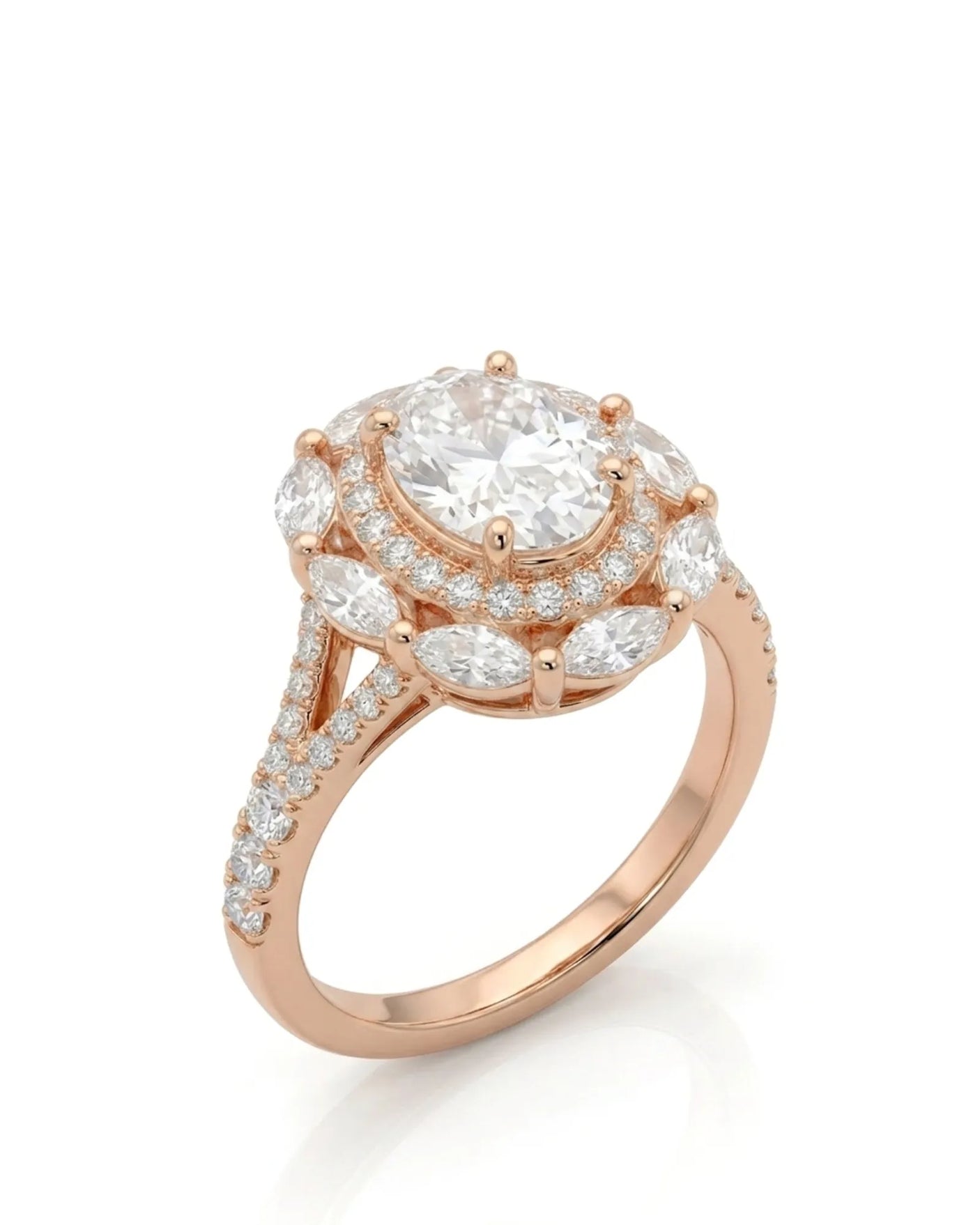 Oval moissanite engagement ring with round halo, marquise accents, and split shank in 18K rose gold | SARATTI