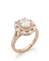 Oval moissanite engagement ring with round halo, marquise accents, and split shank in 18K rose gold | SARATTI