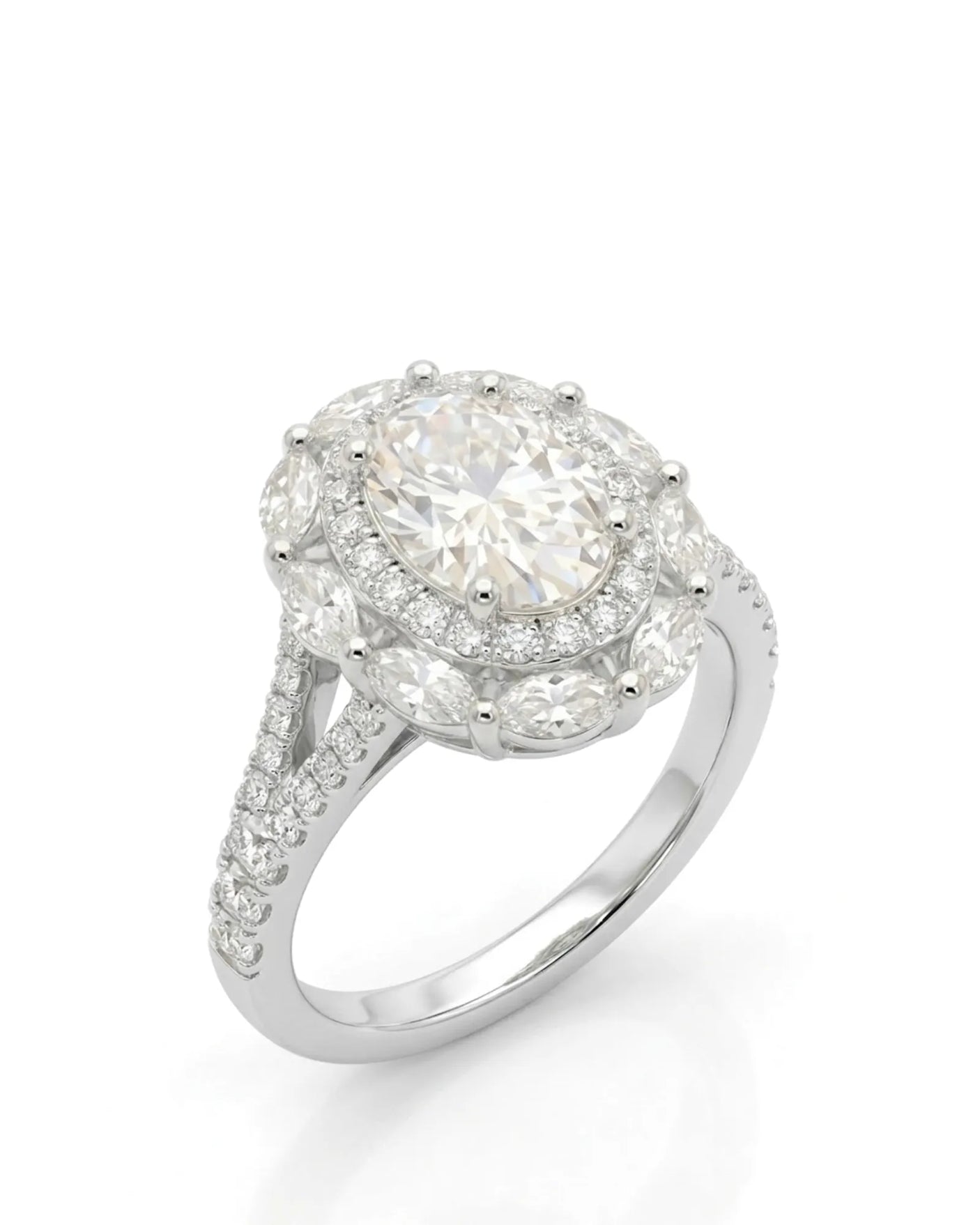 Oval moissanite engagement ring with round halo, marquise accents, and split shank in 18K white gold | SARATTI