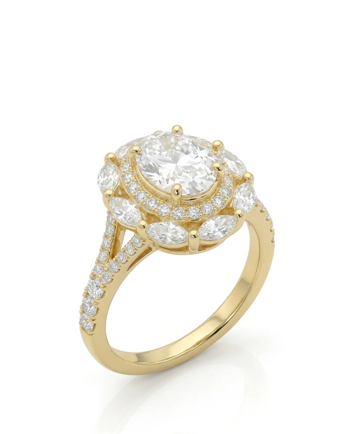 Oval moissanite engagement ring with round halo, marquise accents, and split shank in 18K yellow gold | SARATTI