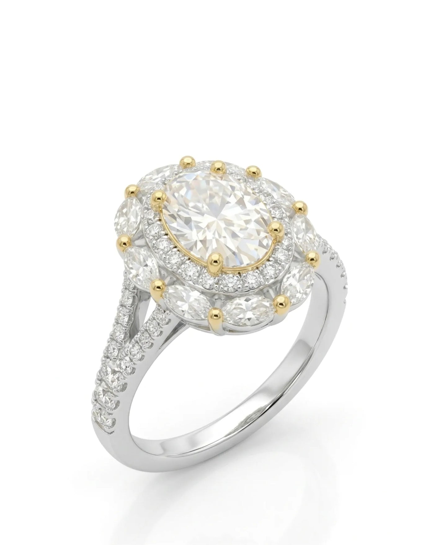 Oval moissanite engagement ring with round halo, marquise accents, and split shank in two tone | SARATTI