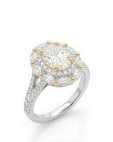 Oval moissanite engagement ring with round halo, marquise accents, and split shank in two tone | SARATTI