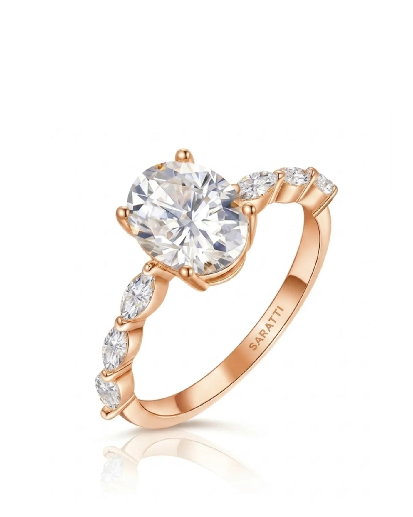 Oval moissanite engagement ring with six marquise side stones and hidden halo in 18K rose gold | SARATTI