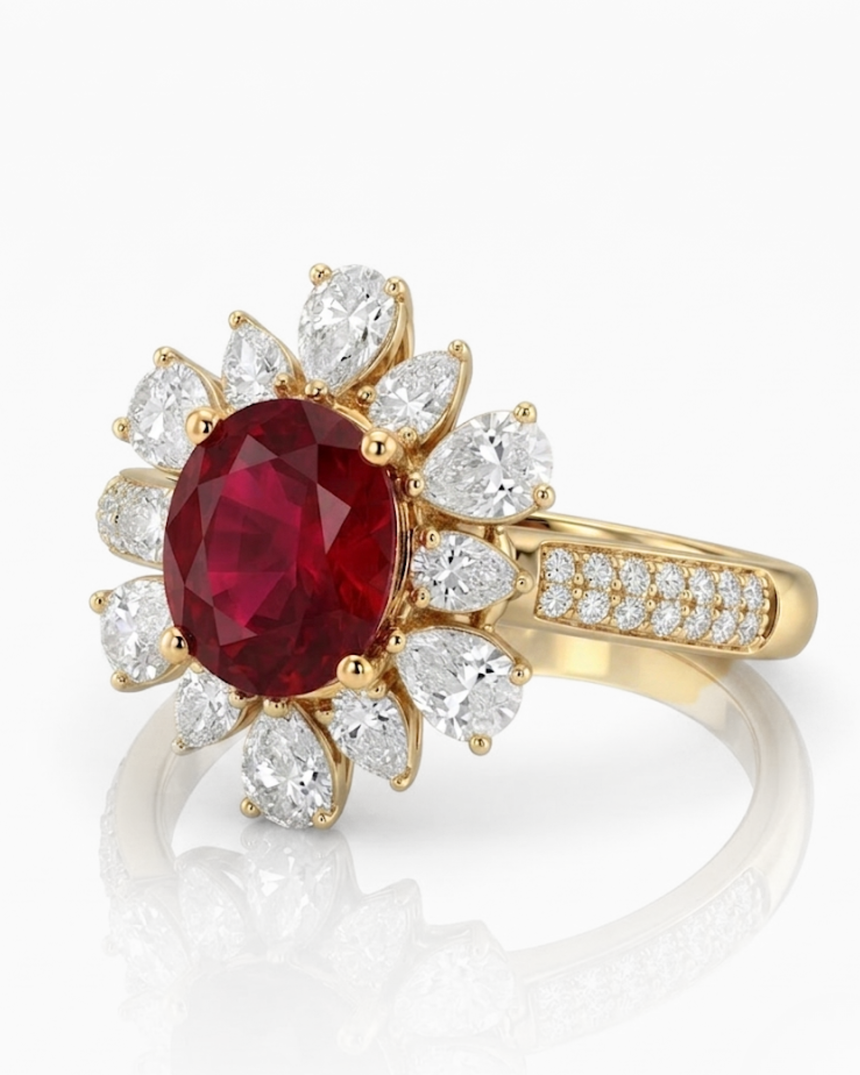 Oval natural ruby and diamond flower ring in 18K Yellow Gold | SARATTI