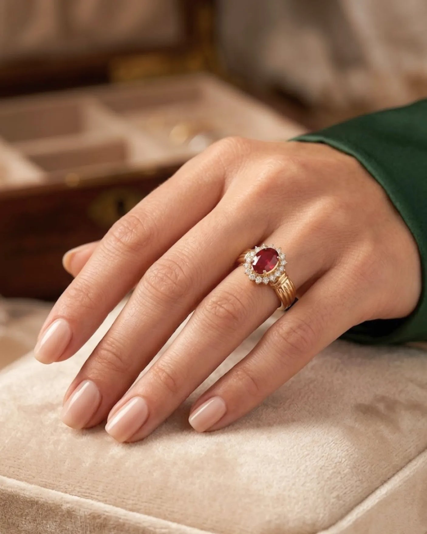 Oval natural ruby halo ring 1.2ct red ruby diamond halo ring vintage design yellow gold sculpted band fine jewelry | SARATTI