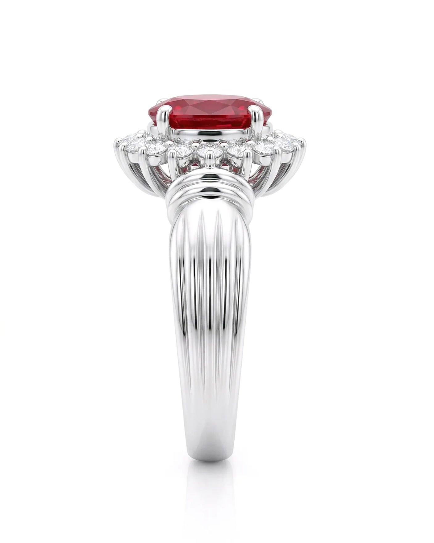 Oval natural ruby halo ring 1.2ct red ruby diamond halo ring white gold sculpted band vintage fine jewelry | SARATTI